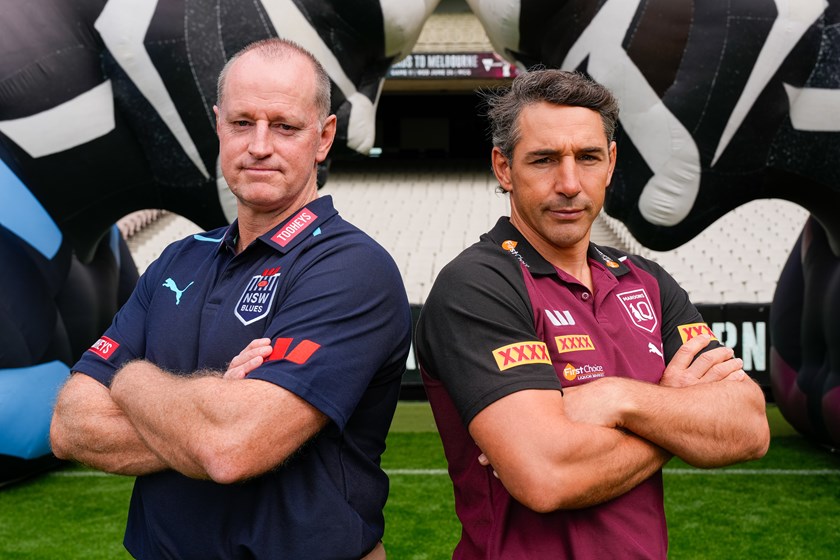 Blues coach Michael Maguire and his Maroons counterpart Billy Slater at the MCG for the 2024 Origin launch.