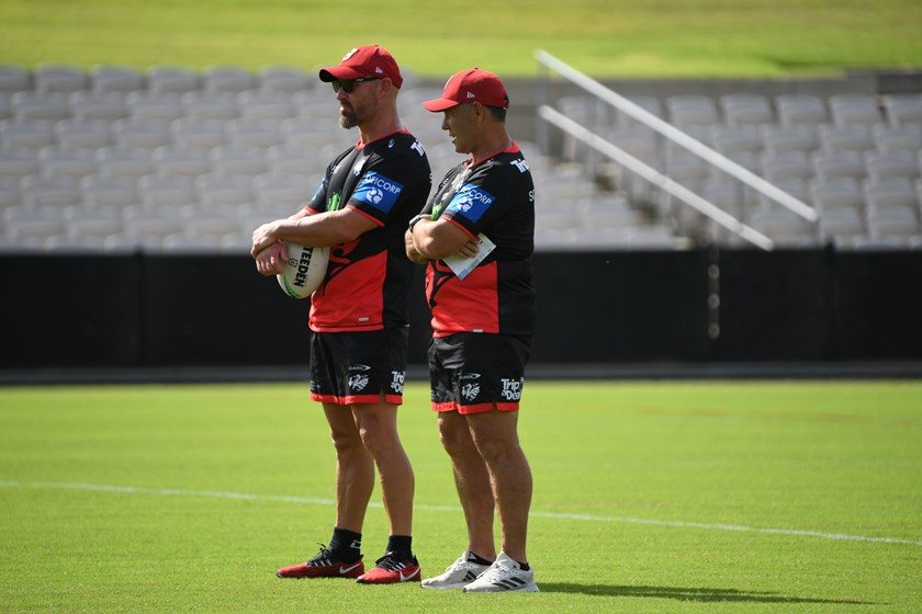 New Dragons coach Shane Flanagan (r) and assistant Dean Young oversee pre-season training