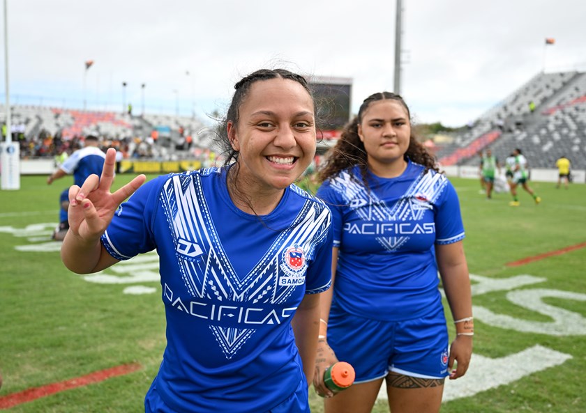 Pihuka Berryman-Duff celebrates Samoa's triumph against Fiji in the Pacific Championships