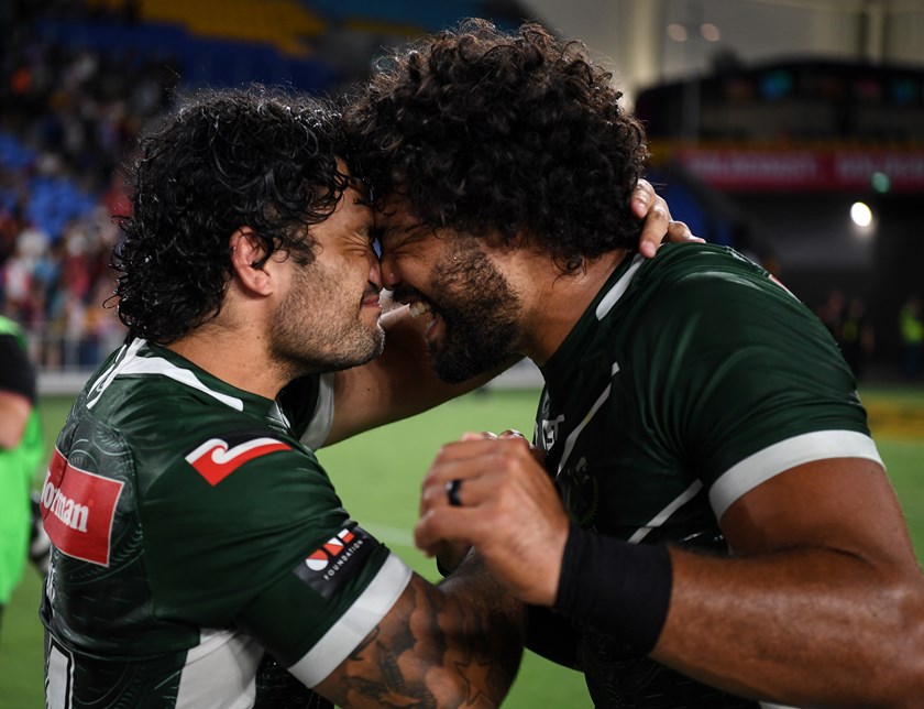Issac Luke (left) and Adam Blair greet each other with a hongi during the 2020 Harvey Norman NRL All Stars. 