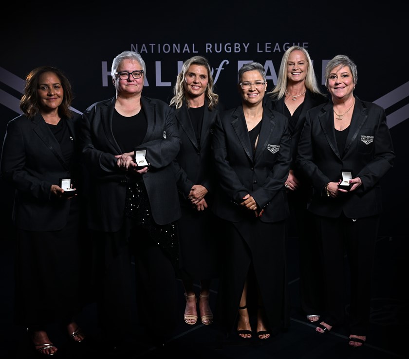 The first female NRL Hall of Fame inductees - Veronica White, Katrina Fanning, Karyn Murphy, Natalie Dwyer, Tahnee Norris and Tarsha Gale.