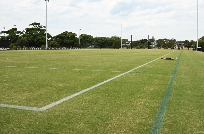 Rabbitohs hooker Damien Cook lies between the Allegiant replica markings and the standard NRL field markings to highlight the difference in width.