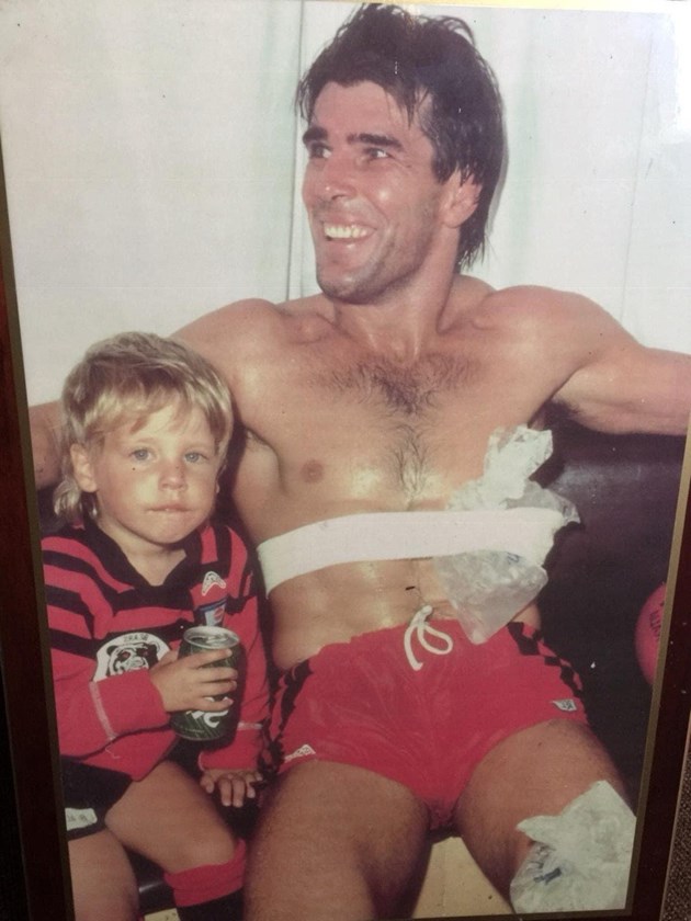 A young Daniel Patrick with his father Pat Jarvis after a game for the Bears
