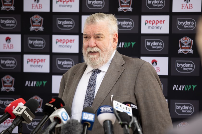 Interim Wests Tigers CEO Shane Richardson fronts a media conference.