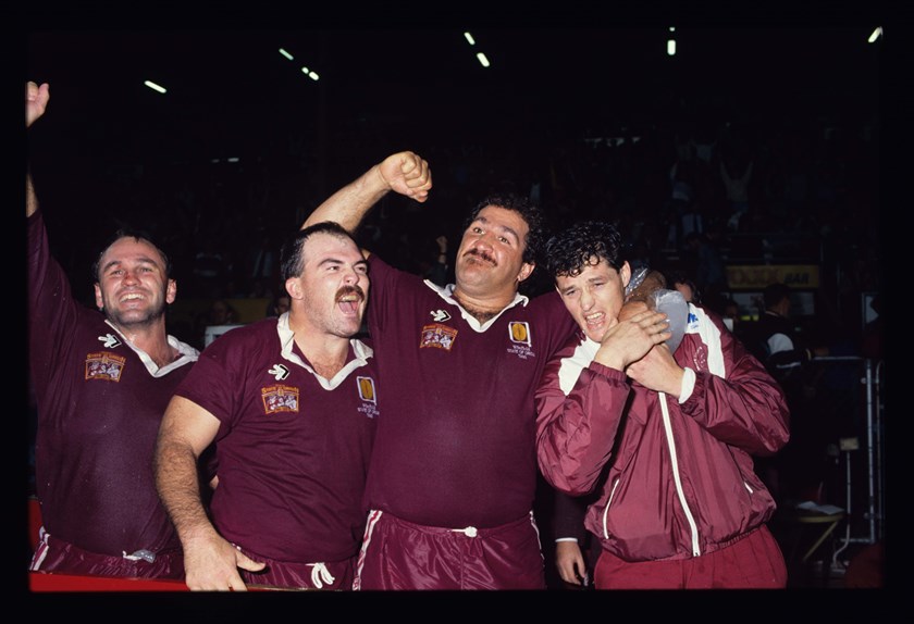 Sam Backo (second from right) savours a Maroons win with Gary Coyne, Martin Bella and Peter Jackson in 1990.