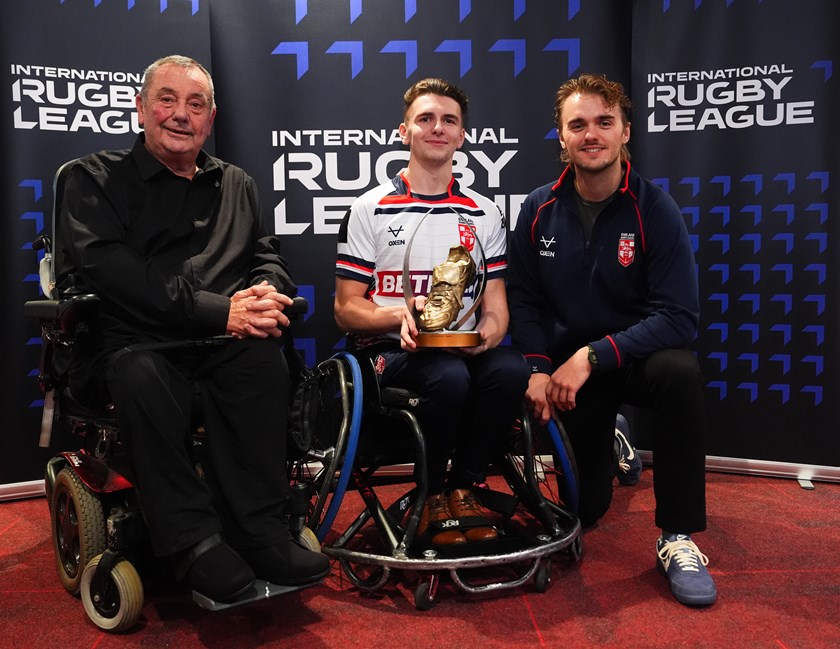 England Wheelchair star Rob Hawkins received his IRL 2025 Golden Boot award from  Malcolm Kielty, a pioneer of the game in England.