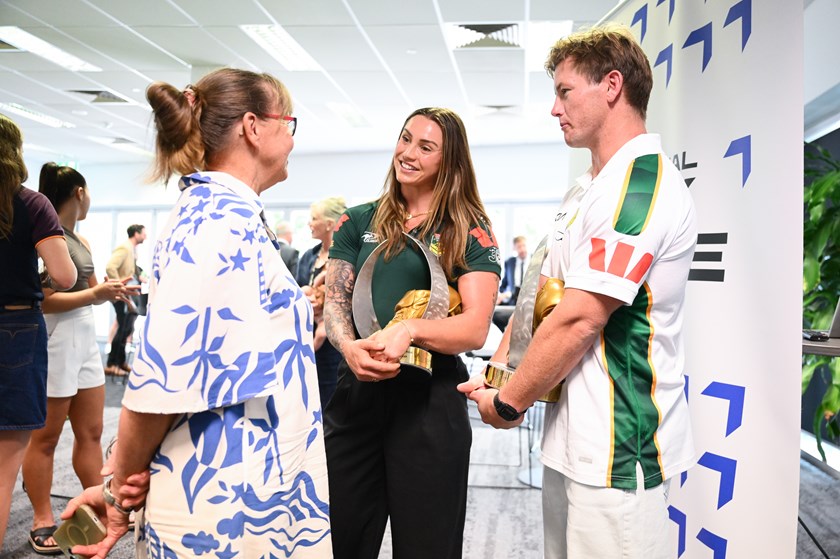 Harry Grant's mother Margie outed him as a huge Darren Lockyer fan growing up after he and Julia Robinson received their 2025 IRL Golden Boot awards from Lockyer and Karyn Murphy.