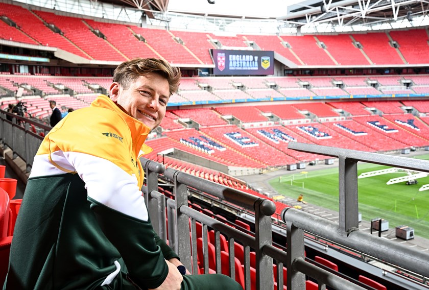 Kangaroos hooker Harry Grant gets an early look at Wembley ahead of the first Test.