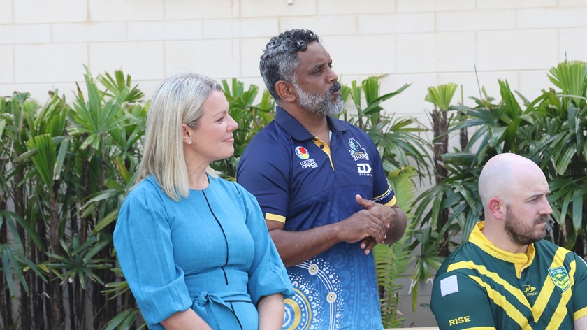 NRL Wheelchair CEO Anna Fitzgerald, NRL great Preston Campbell and Wheelaroos star Brad Grove at the launch of the Leagues Club Australia NRL Wheelchair Championships.