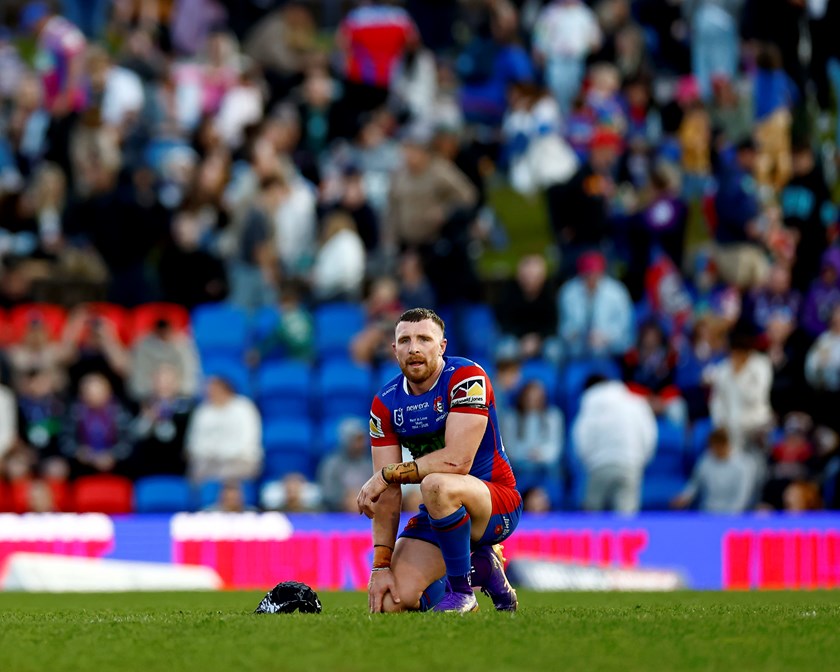 An emotional Jackson Hastings at the end of the clash against the Storm.