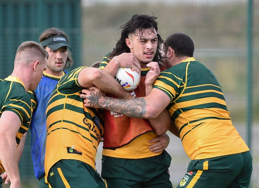 Tino Fa’asuamaleaui at Kangaroos training during the World Cup in 2022.