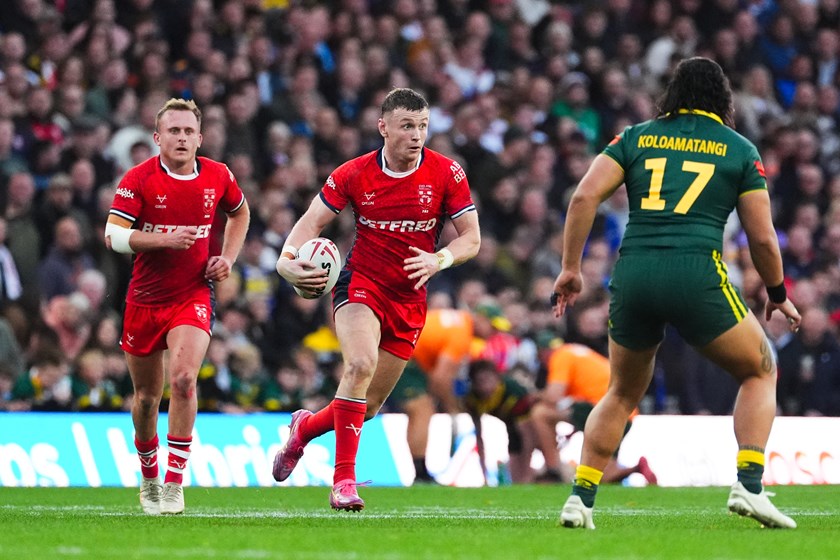 Harry Newman taking on the Kangaroos during the Ashes series.