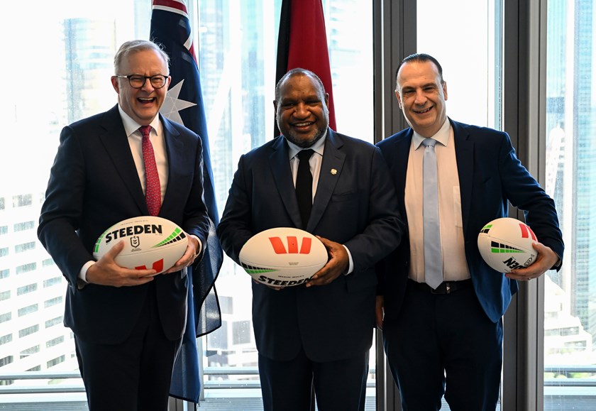 Australian PM Anthony Albanese, PNG PM James Marape and ARLC Chair Peter V'landys as the historic announcement that a PNG team would join the NRL in 2028.