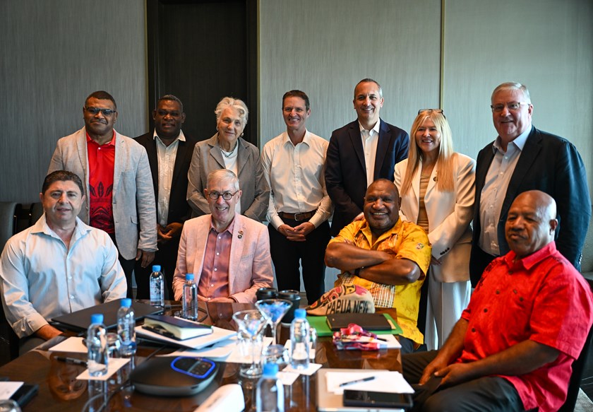 PNG PM James Marape and Australian High Commissioner Ewen McDonald with NRL CEO Andrew Abdo and the PNG NRL Franchise Board. 