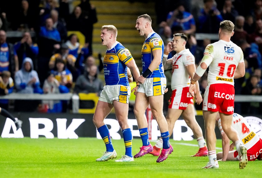 Leeds secondrower James McDonell celebrates with fellow Perth Bears recruit Harry Newman after scoring a try against St Helens.