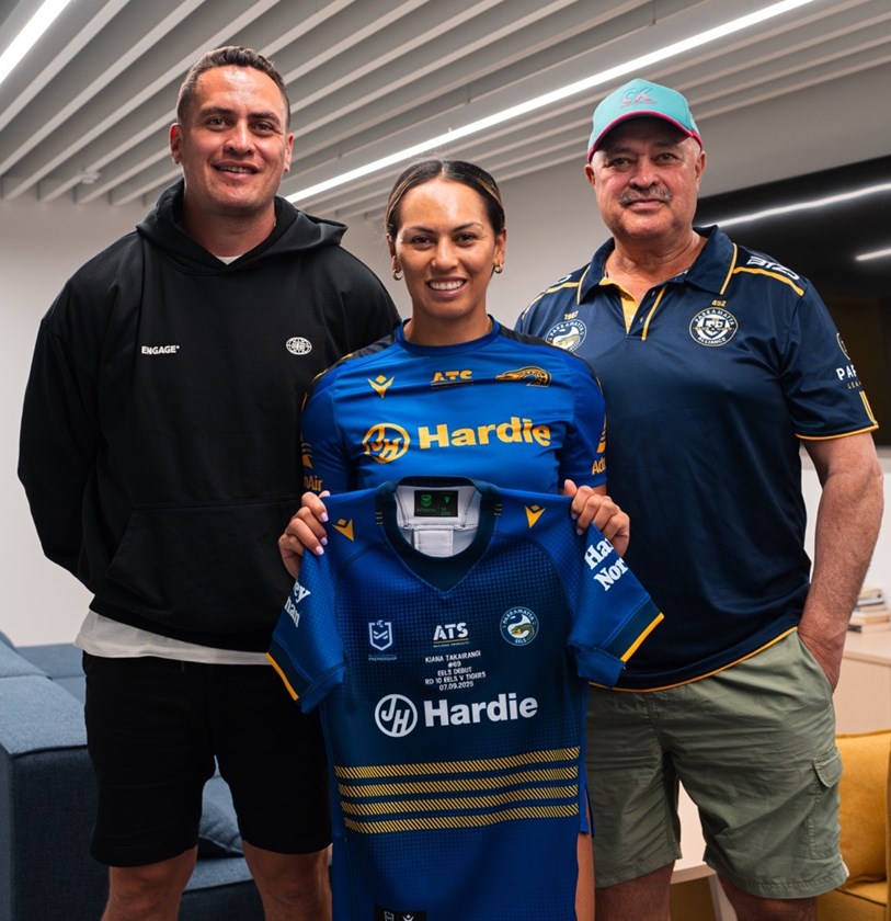 History makers: Eels debutant Kiana Takairangi and her brother, Brad, and dad, Louis, are the first father-son-daughter to play at the elite level for the same club.