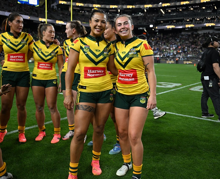 Sharks duo Tiana Penitani Gray and Quincy Dodd after the Jillaroos triumph in Vegas.