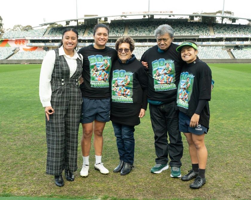 Zahara Temara's partner Seta (left) and sister Chante (right) heled organise for a surprise visit by their grandparent for her 50th NRLW match. 