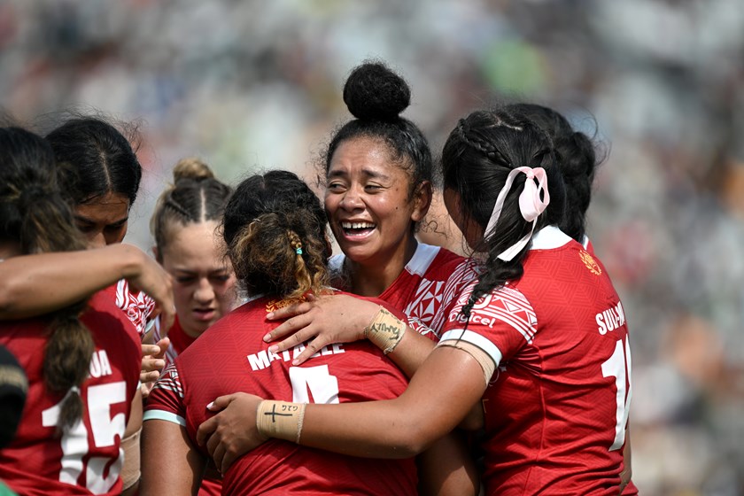 Tonga players celebrate a try by Emmanita Paki during the 2025 Pacific Championships 