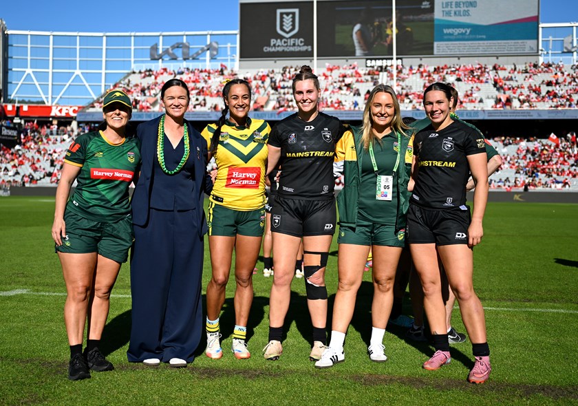 Knights connection: Jillaroos physio Rebecca Swan, assistant coach Alicia-Kate Hawke and players Yasmin Clydsdale, Tiana Davison, Olivia Higgins and Shanice Parker.
