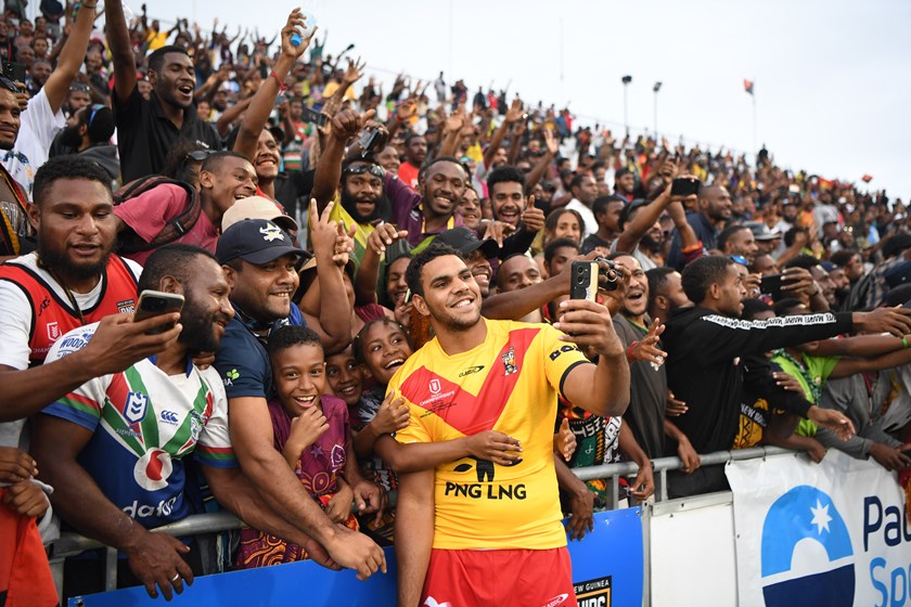 Jacob Allick-Wienke celebrates PNG's win over Fiji Bati in the 2023 Pacific Bowl.