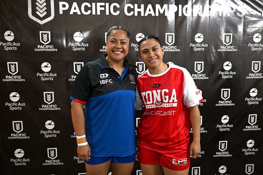Tonga's Vanessa Foliaki and rival Samoan captain Annetta-Claudia Nu'uausala before their RLWC2026 qualifying match in Fiji. 