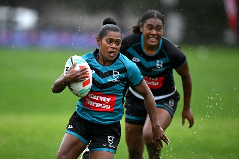 Naomi Tegu gives chase to fellow Fijian Asenaca Diranuve at the Harvey Norman Rising Talent invitational in Newcastle. 