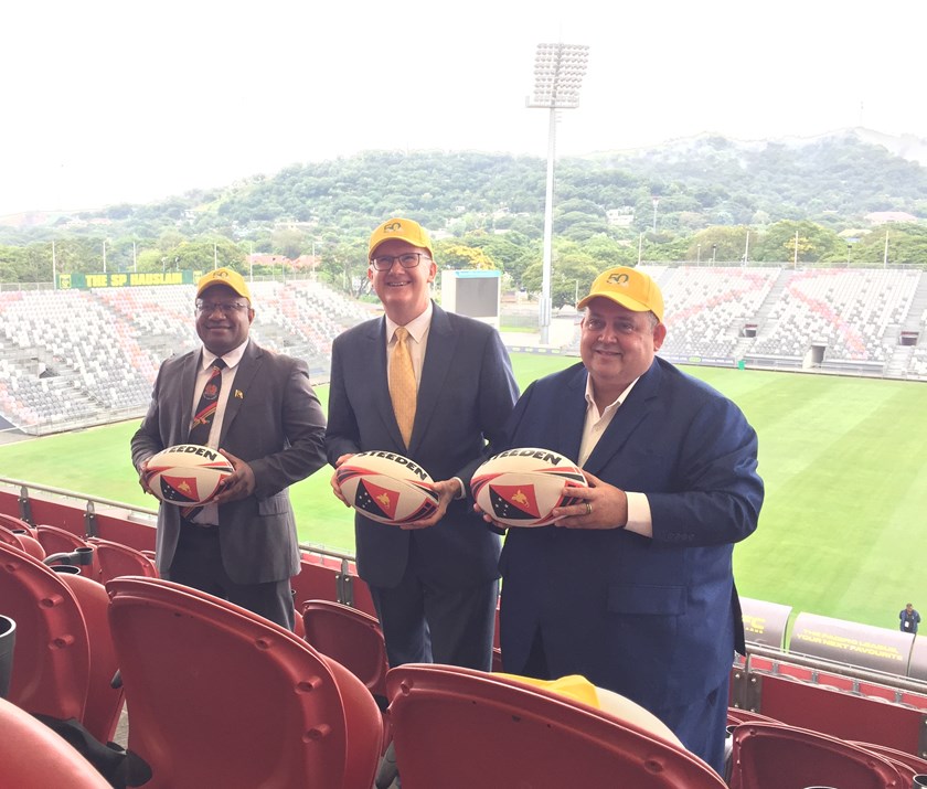 PNG Sports Minister Kinoka Feo, Australia’s Minister for Home Affairs Tony Burke and PNG Foreign Minister Justin Tkatchenko announce the new visa package for Chiefs fans.