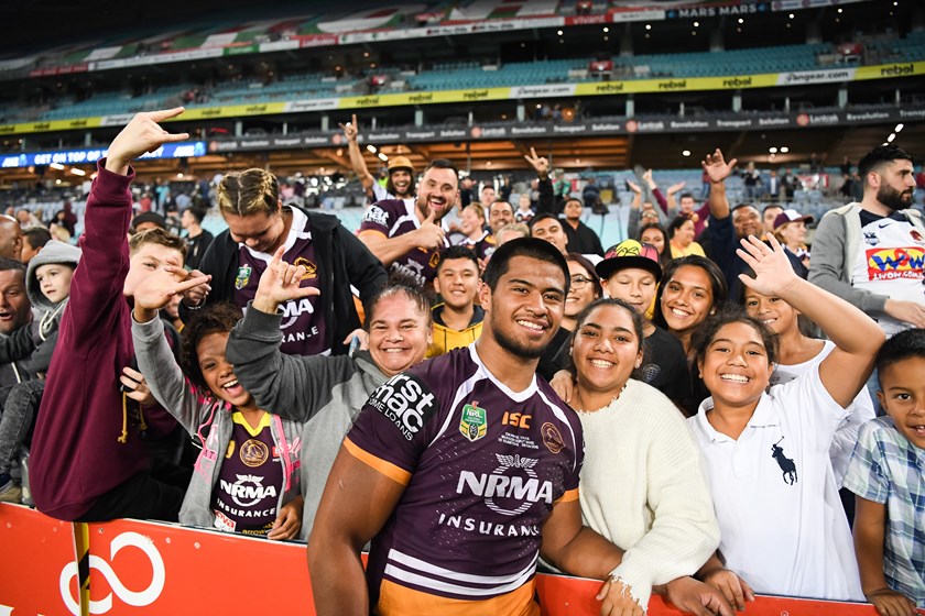 Payne Haas with family and friends after making his NRL debut in 2018 against South Sydney, the club he will join in 2027.