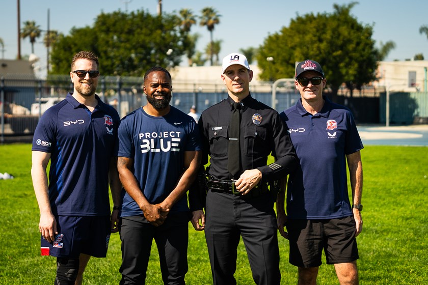 LA Roosters, Project Blue, LAPD and Sydney Roosters have again collaborated to deliver a coaching clinic in Watts ahead of the NRL double-header at Vegas. 