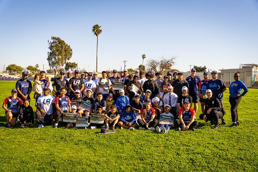 Participants in the 2025 coaching clinic conducted by Sydney Roosters, LA Roosters, the LAPD and Project Blue ahead of the NRL double-header at Allegiant Stadium.
