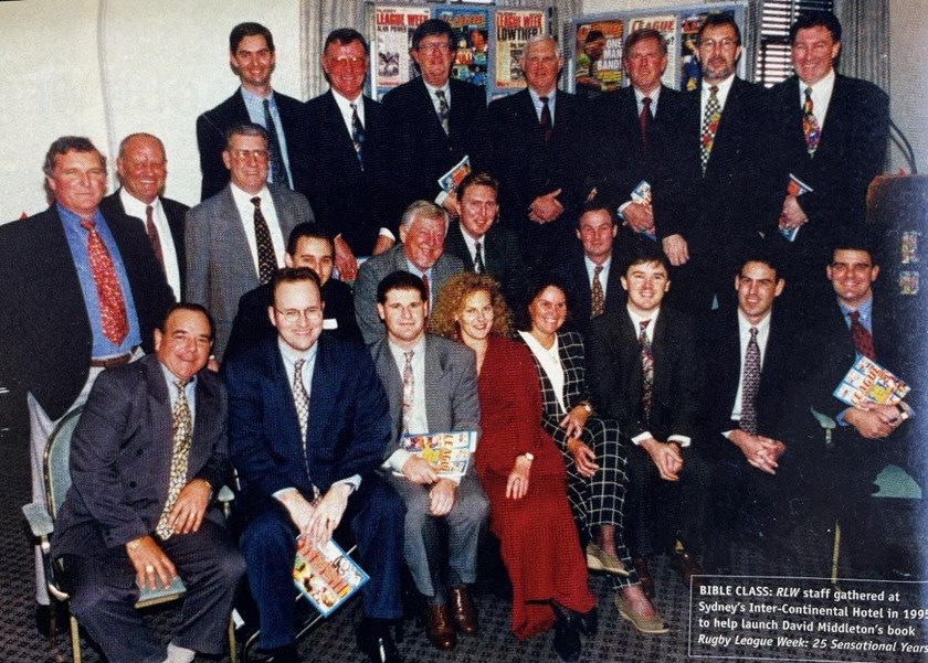 Founding editor Geoff Prenter (back row, third from right) joins the Rugby League Week 25-year celebrations in 1995.