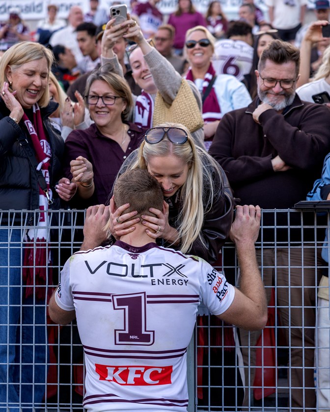 Good to be back: Tom Trbojevic with wife Kristi after his comeback game in Newcastle.