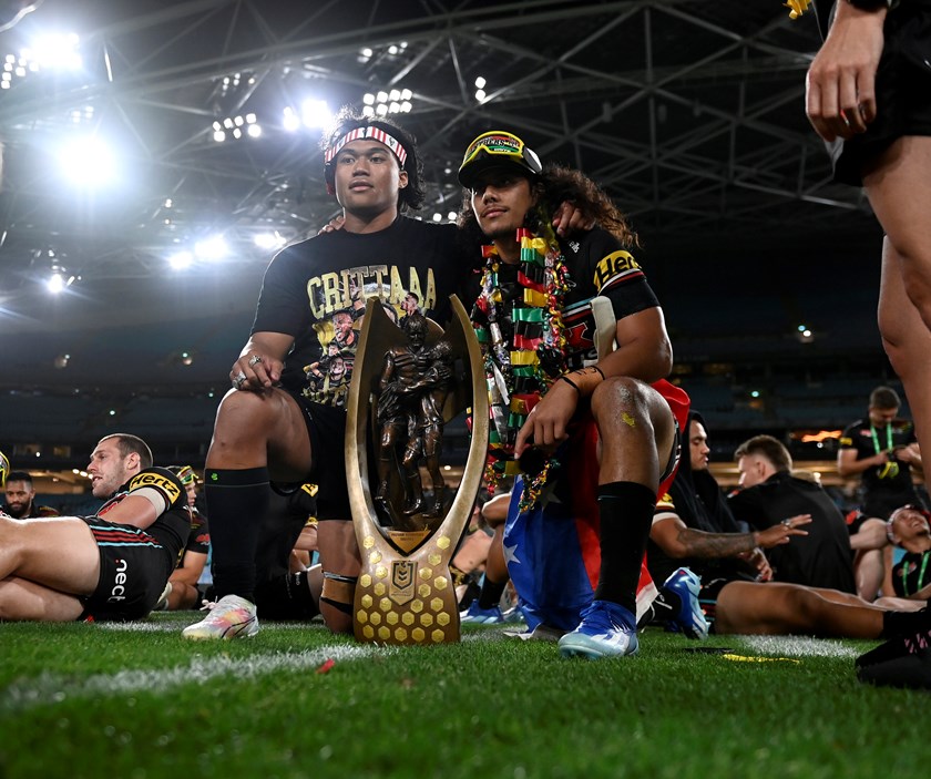Brothers in arms: Brian To'o and Jarome Luai celebrate the 2023 grand final win over Brisbane.