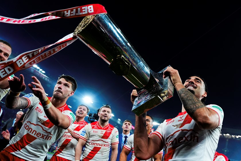 Tyrone May celebrates Hull KR's win in the 2025 Super League grand final against Wigan.