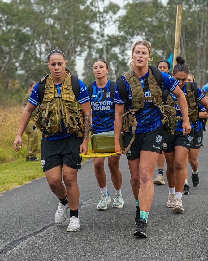 Bulldogs co-captains Tayla Preston and Angelina Teakaraanga-Katoa lead the way during the team's pre-season army camp.
