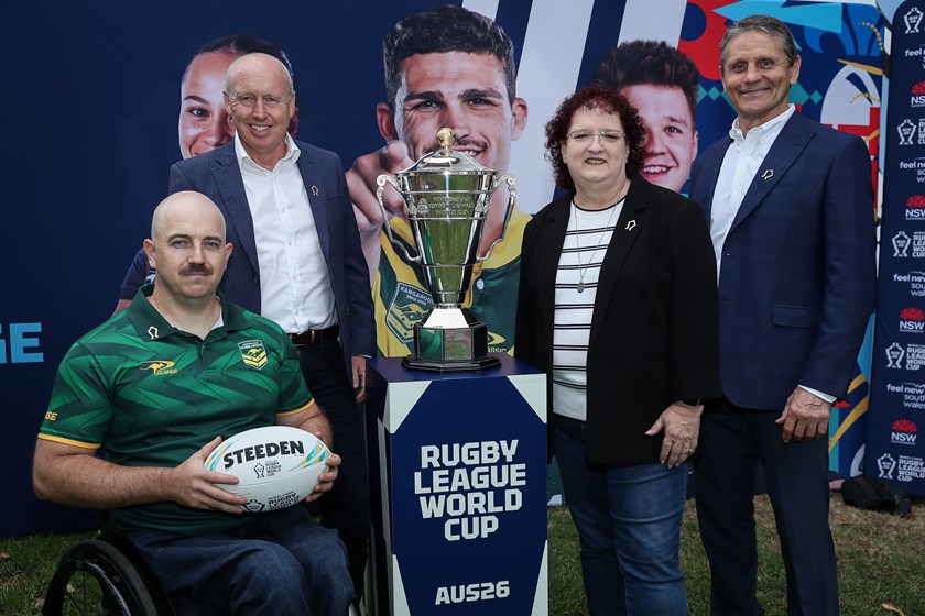 Wheelaroos captain Brad Grove, NRL Wheelchair CEO Darren Gocher, Wollongong Tania Brown and ARLC Commissioner Wayne Pearce at the launch of the Wheelchair World Cup 2026.