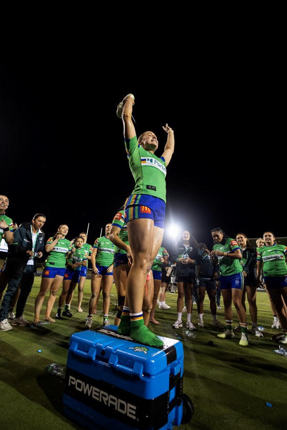 Sophie Holyman leads the Raiders' celebrations after the win over Wests Tigers.