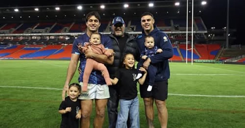Fereti Fa’asuamaleaui with his sons, Tino and Iszac, and grandchildrren.