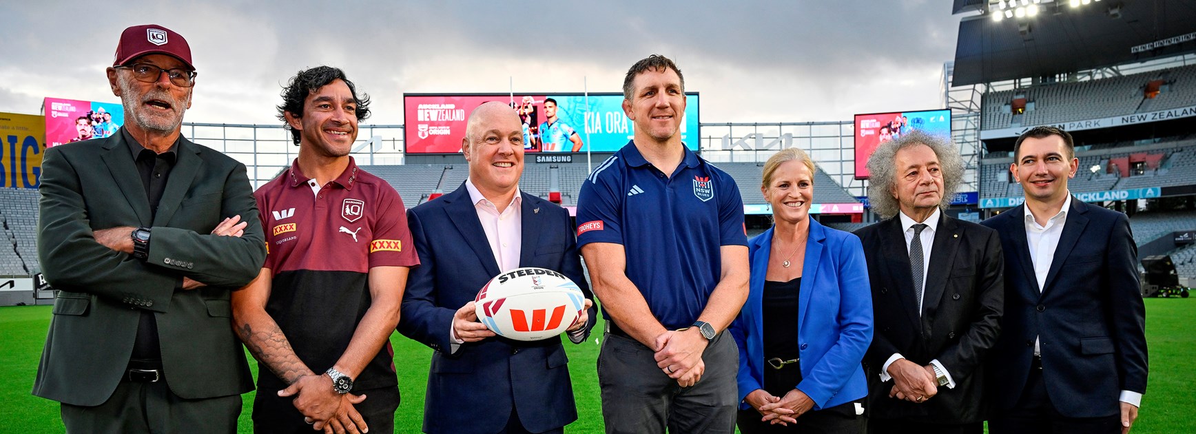 Auckland Mayor Wayne Brown, Johnathan Thurston, NZ Prime Minister Rt Hon Christopher Luxon, Ryan Hoffman, Hon Louise Upton, ARLC Commissioner Dr Gary Weiss and Hon Simeon Brown gather at Eden Park.