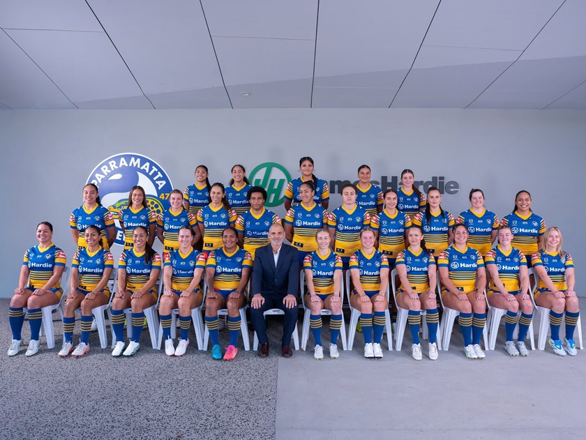 The Parramatta Eels NRLW squad with coach Steve Georgallis.