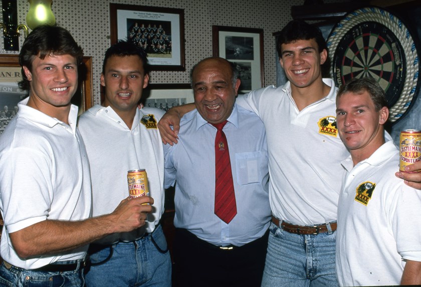 Billy Boston swaps tales with Andrew Ettingshausen, Laurie Daley, Mark McGaw and Allan Langer during the 1990 Kangaroo Tour of England.