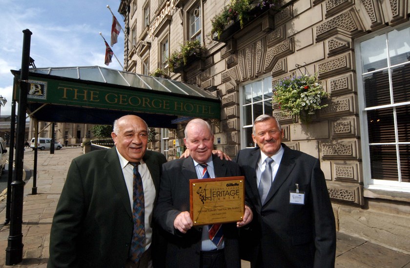 Billy Boston, Mick Sullivan and Neil Fox unveil a plaque to announce the opening of the rugby League Heritage centre at the George Hotel in Huddersfield where the game was founded in 1895.