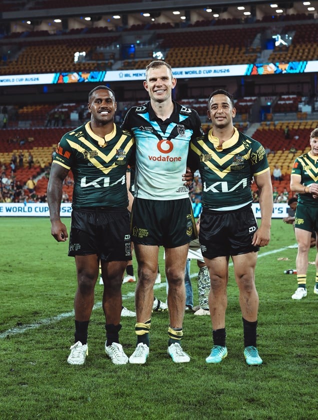 Manly men (l to r): Caleb Navale, Tom Trbojevic and Brandon Wakeham after the Kangaroos met Fiji in Brisbane.