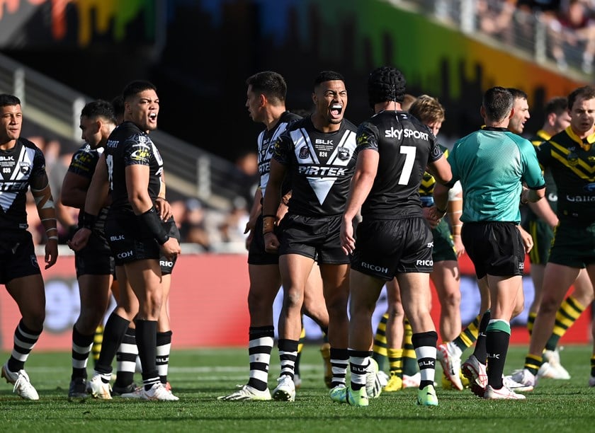 Sheer delight for Ronaldo Mulitalo and his teammates after stunning the Roos in 2023.
