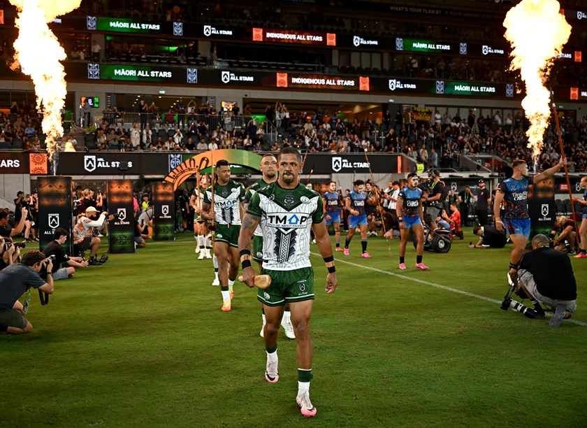 Dane Gagai leads out the Māori team at the 202 All Stars match.