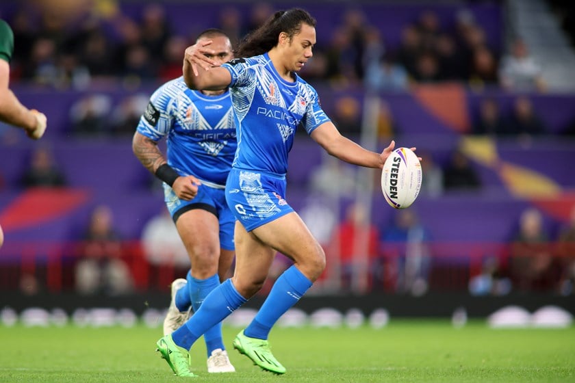 Jarome Luai goes to the air during the 2022 World Cup Final against the Kangaroos.