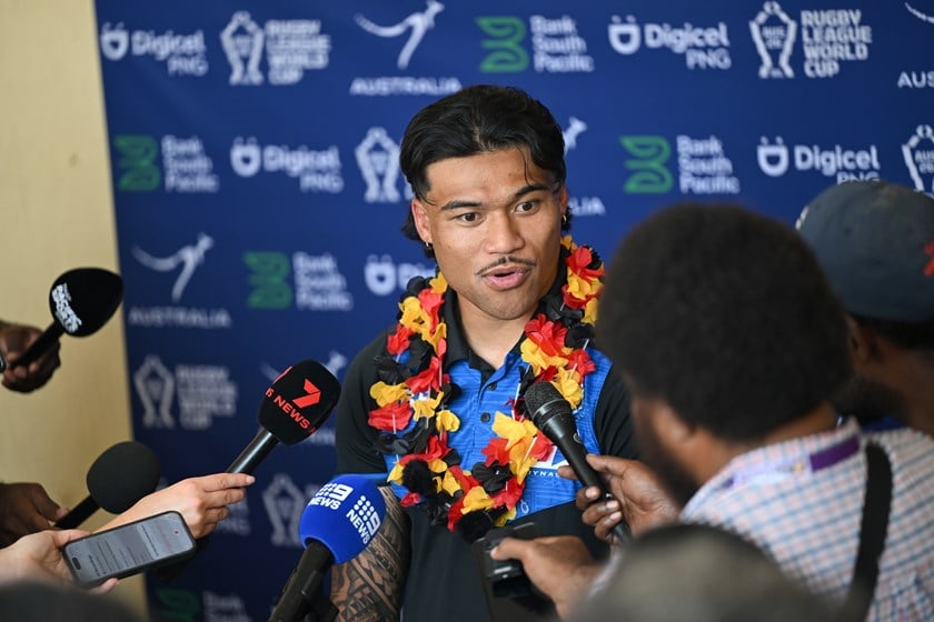 Brian To'o speaks to the media after Samoa's arrival in PNG