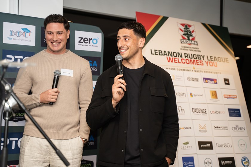 Parramatta Eels stars Mitchell Moses and Jordan Samrani at the Lebanon Cedars World Cup launch.