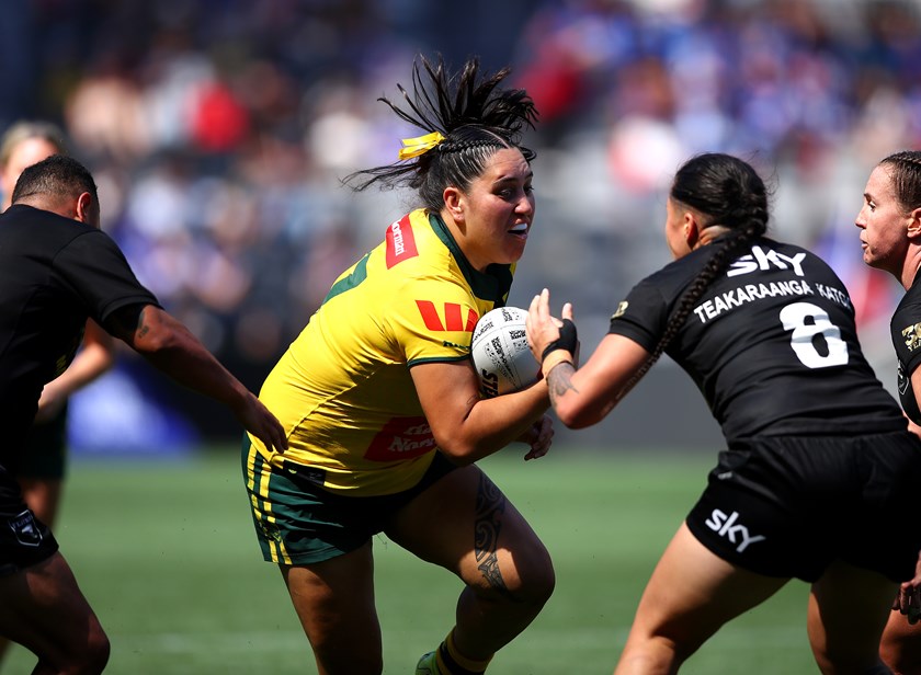 Rima Butler in action against the Kiwi Ferns. The Jillaroos prop is considering switching during RLWC2026.